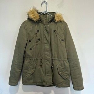 Express Women’s Olive Green Jacket with Fur Hood - Small